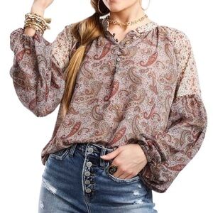 NEW Gimmicks Paisley Chiffon Henley Blouse Balloon Sleeve Sz L